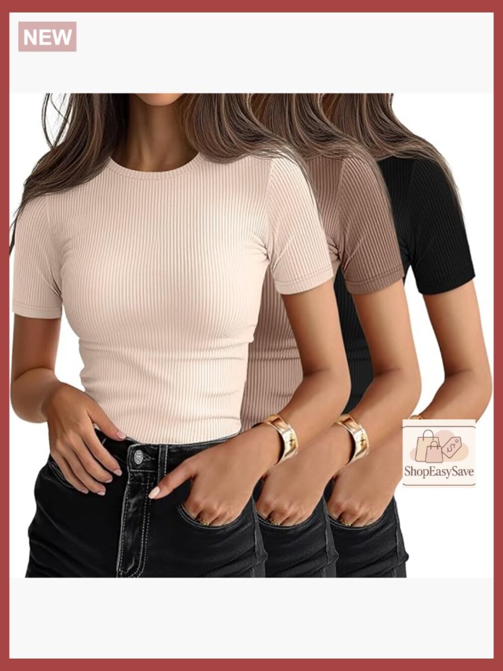 Ribbed Cotton Tees Slim Fit Crewneck Casual Basic Tops 3 Pack